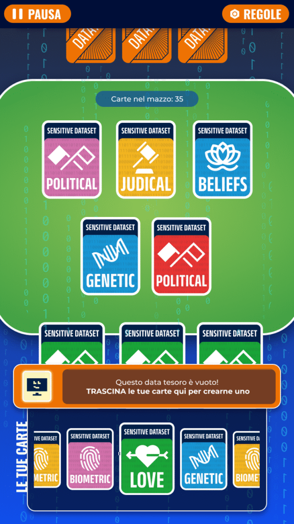 Schermata di gioco definitiva, con menu a tendina aperto per mostrare il mazzo.