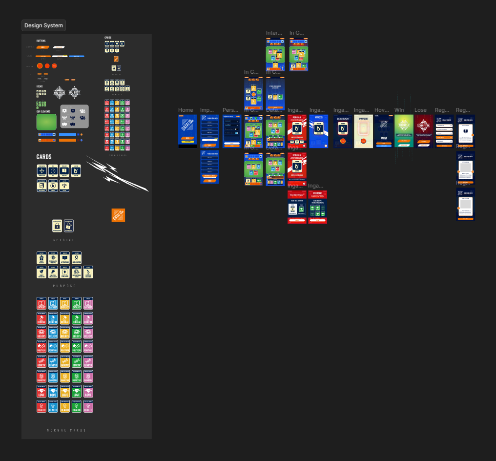 Design system finale, contenente tutte le icone, le carte, i pulsanti e i font. Accanto si trovano tutte le schermate di gioco.