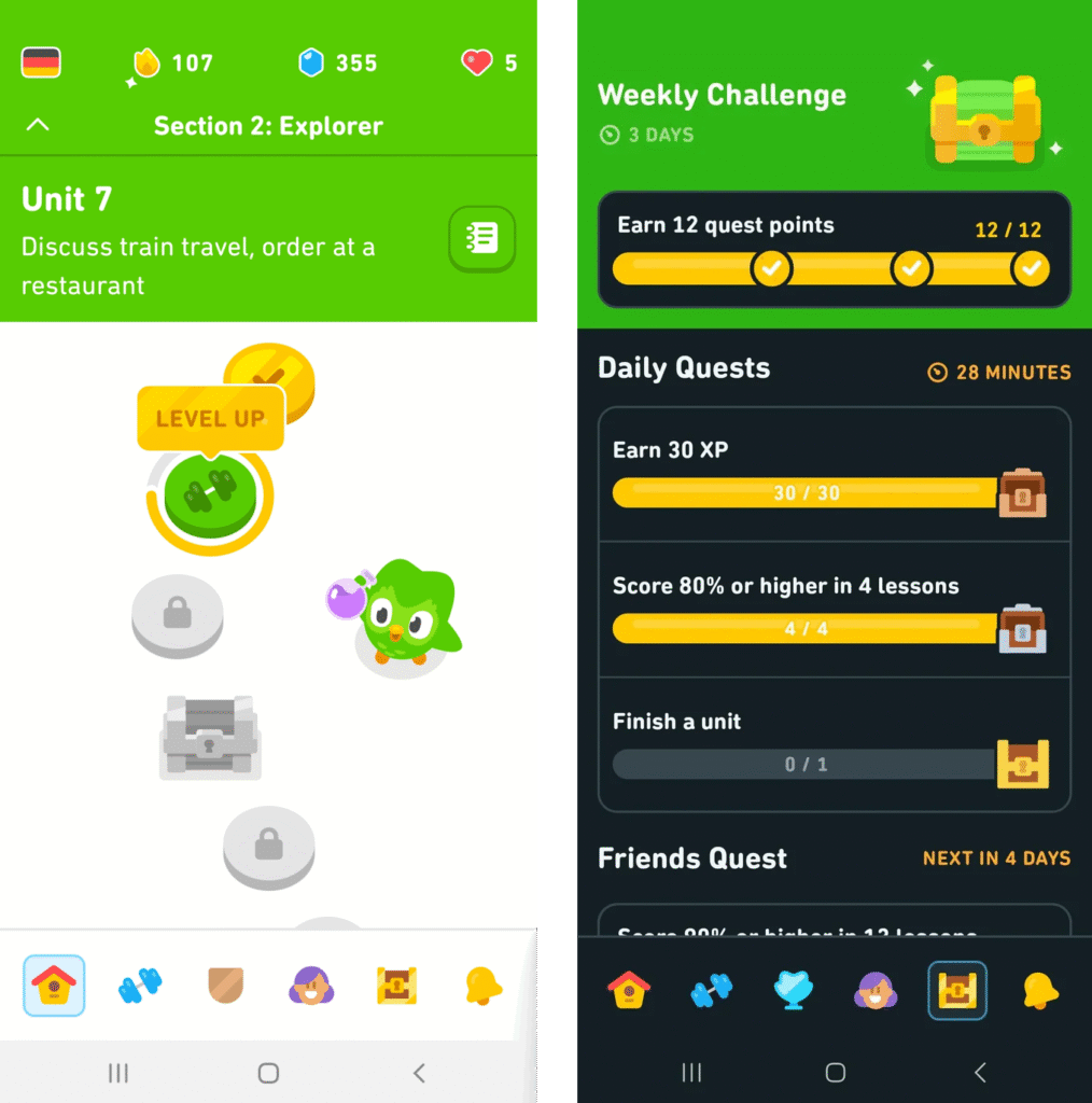 gamification significato: Dualingo usa la gamification per rendere l'apprendimento più coinvolgente.