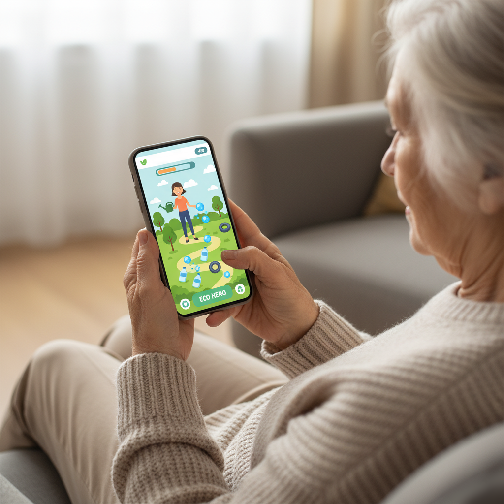 Persona che gioca a un videogioco brandizzato a tema natura