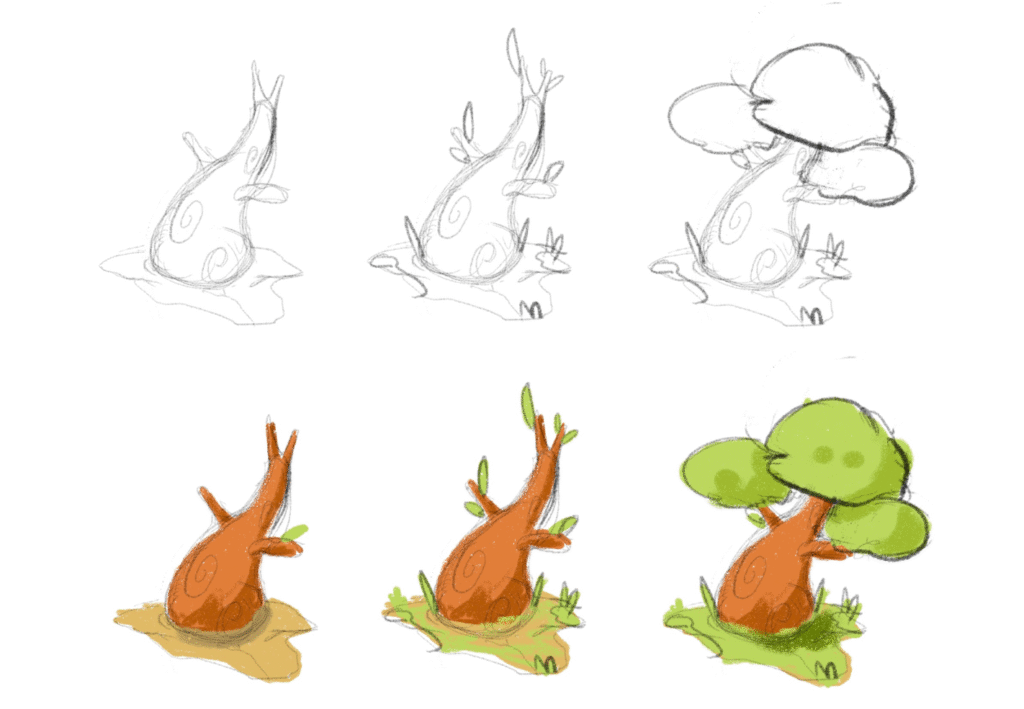 Bozza di un albero, prima come schizzo a matita e poi colorato