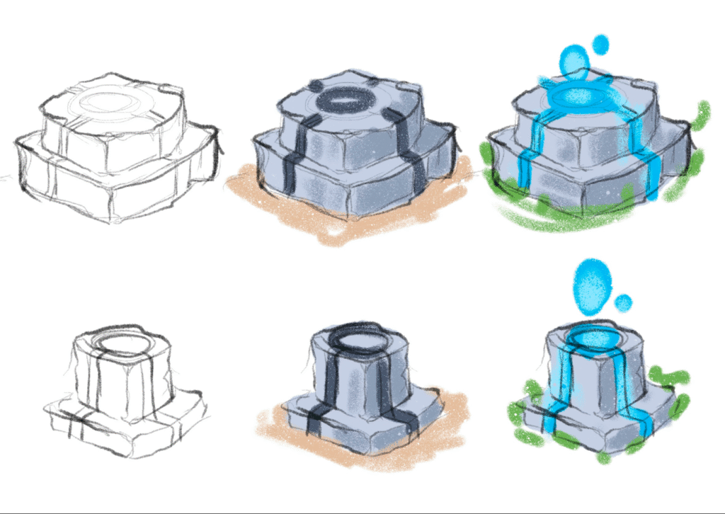 Bozza dei monoliti che rappresentano i livelli all'interno del gioco